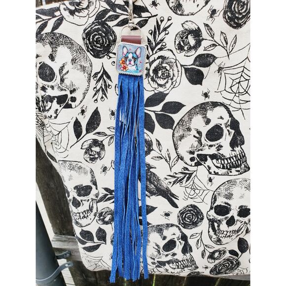 Handmade boho Boston terrier Gift Leather Fringe Western bag charm keychain - Picture 4 of 4